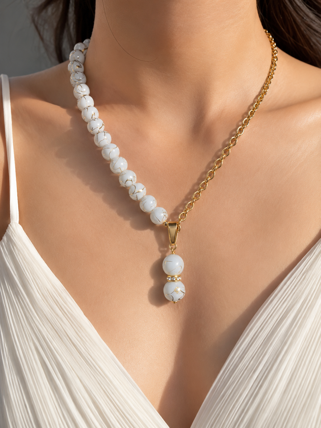 1/2 Pearl Necklace with Duo-Pearl Pendant