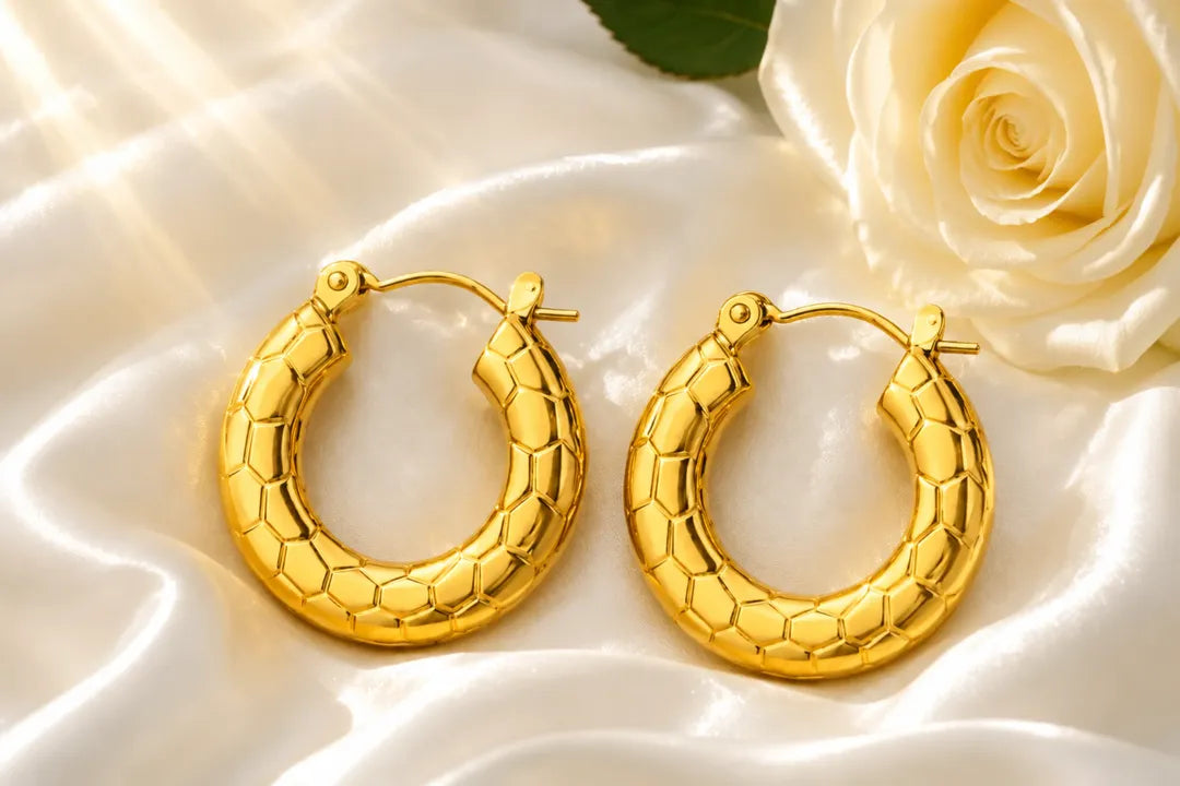 Waterproof Gold Hoop Earrings 18k Gold Plated – Honeycomb Statement Design