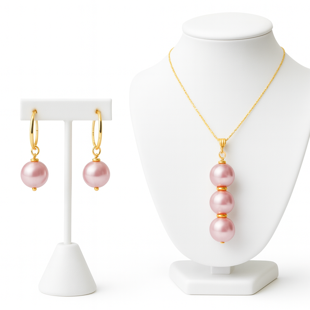 Pink Pearl Trio Necklace & Hoop Earrings Set