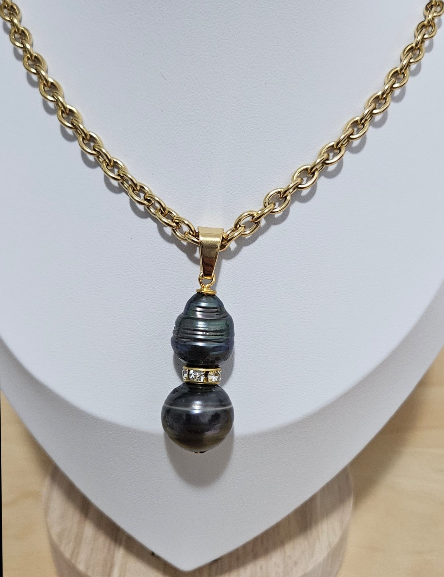 DIANA - 12 -13mm Authentic Duo Tahitian Pearls Pendant with CZ Spacers + Non tarnish and waterproof belcher chain