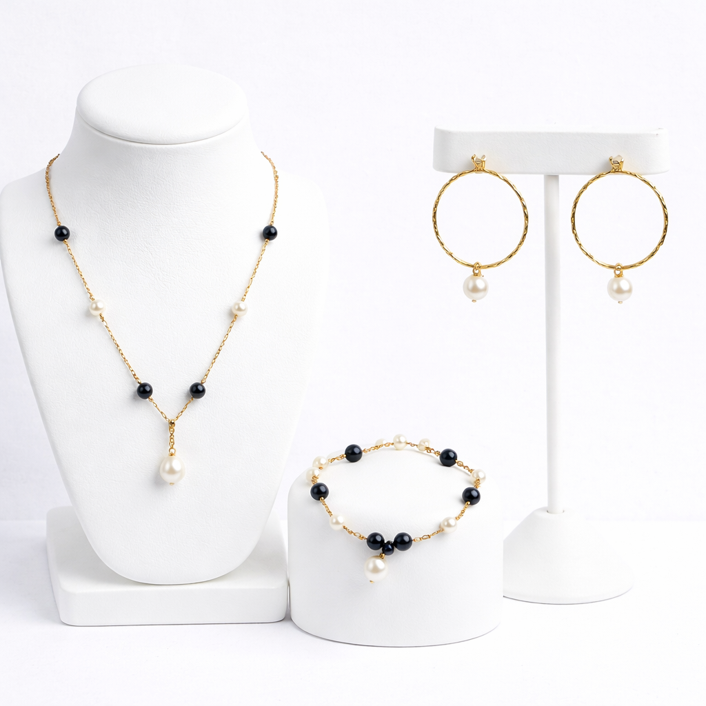 Midnight Elegance Pearl Set – Necklace, Bracelet & Hoop Earrings