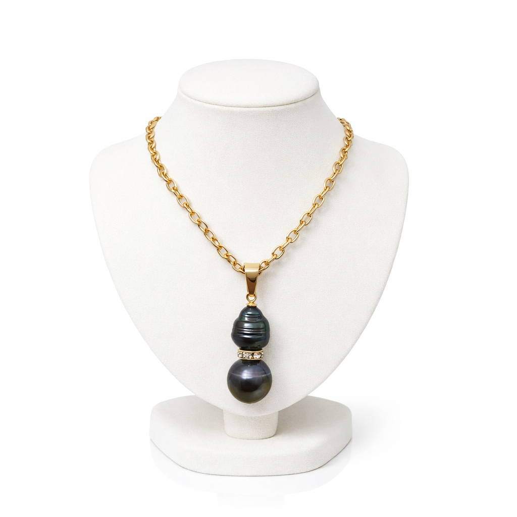 DIANA - 12 -13mm Authentic Duo Tahitian Pearls Pendant with CZ Spacers + Non tarnish and waterproof belcher chain