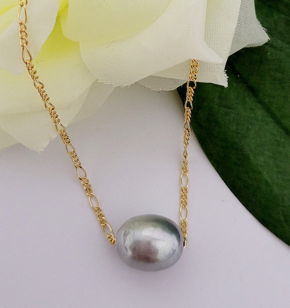 Single Silver Natural and Premium Silver Grey Floating Pearl Necklace, 13mm