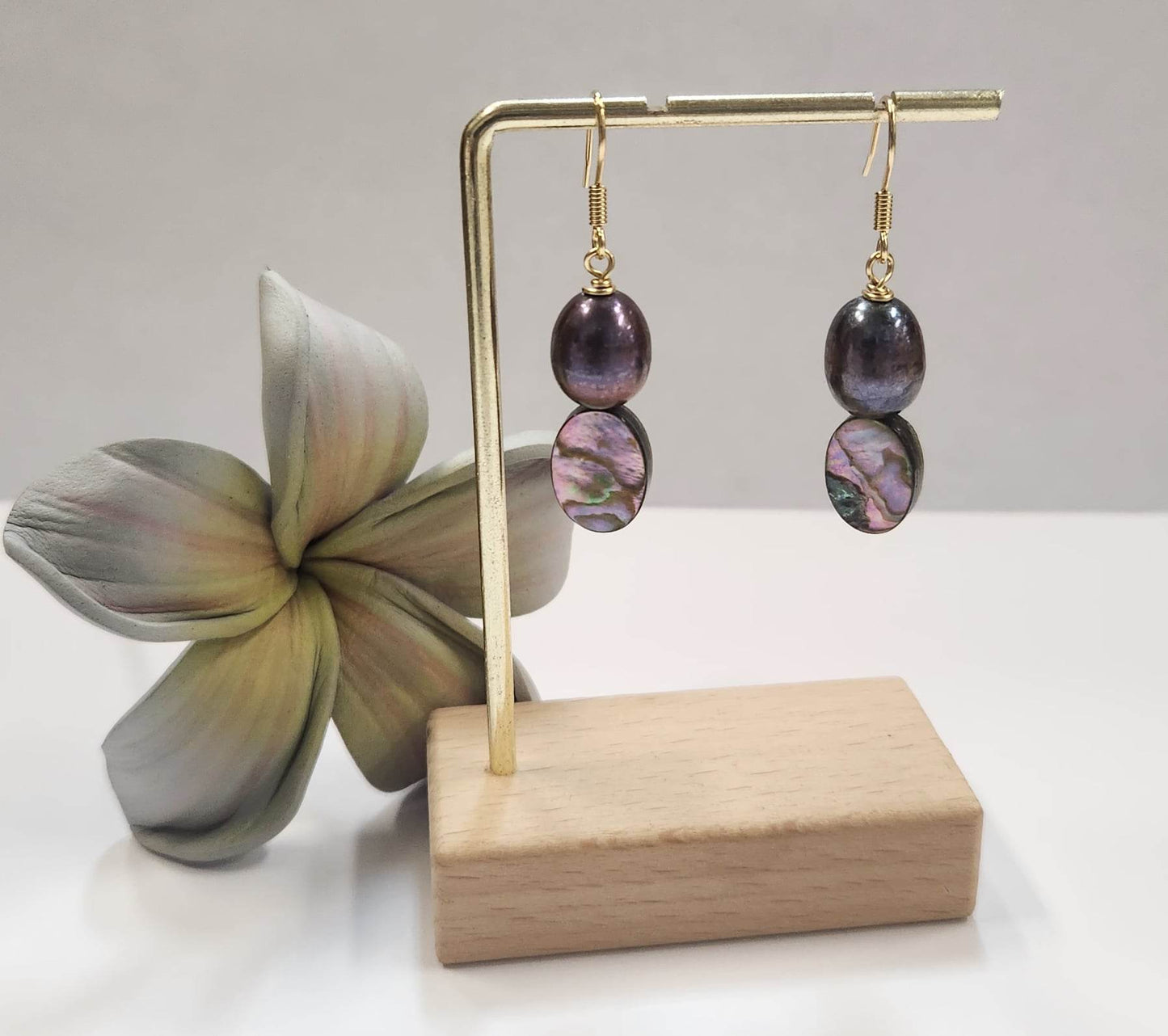 Tahitian Black Pearl with Oval Paua Shell Hook Earrings