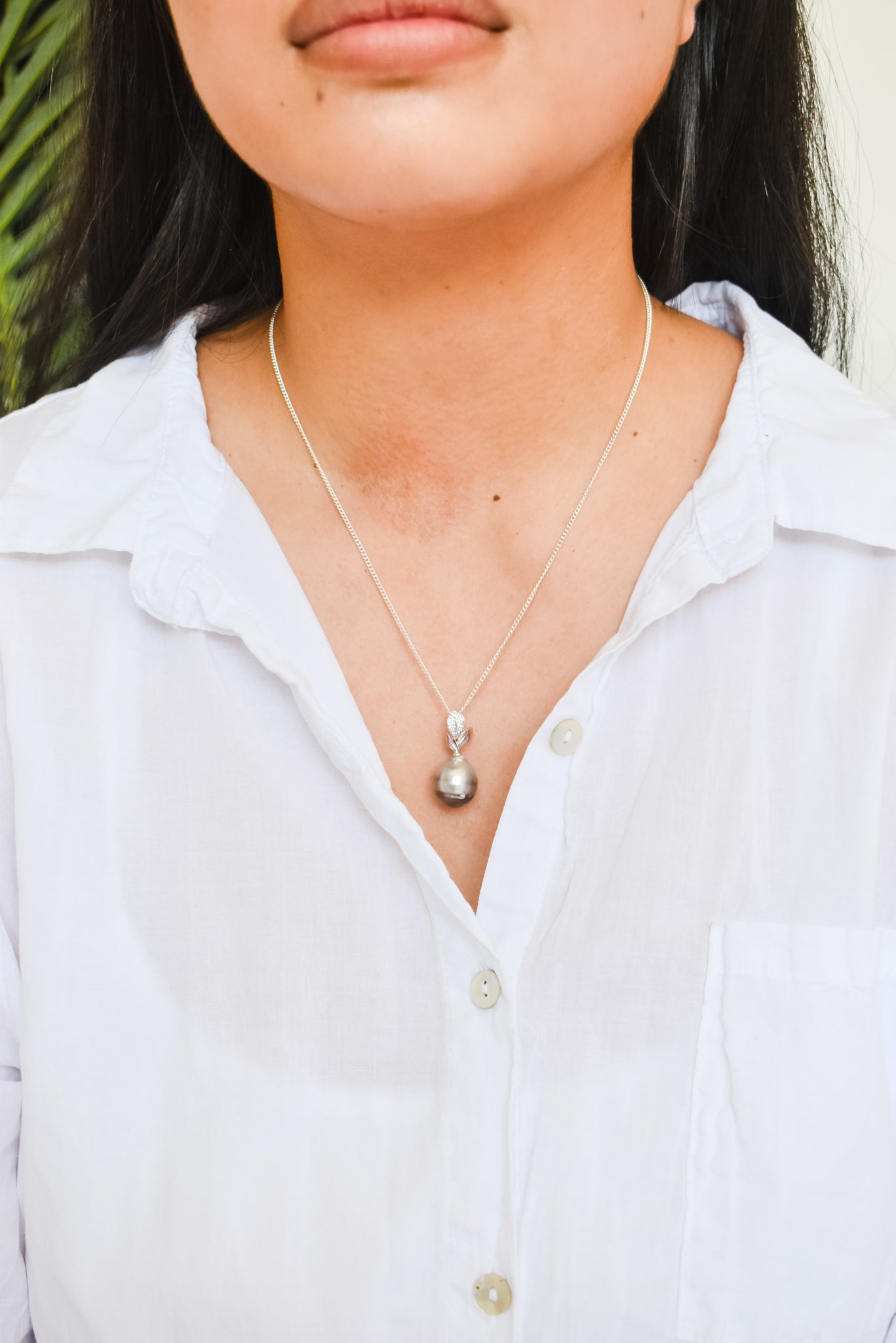 LEAF TAHITIAN PENDANT (13-14MM) NECKLACE - 925 Sterling Silver