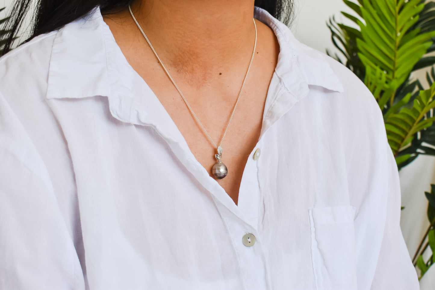 LEAF TAHITIAN PENDANT (13-14MM) NECKLACE - 925 Sterling Silver