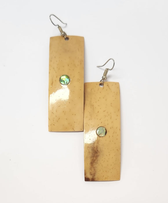 CREAM RECTANGLE CARVED COCONUT DESIGN STATEMENT EARRINGS