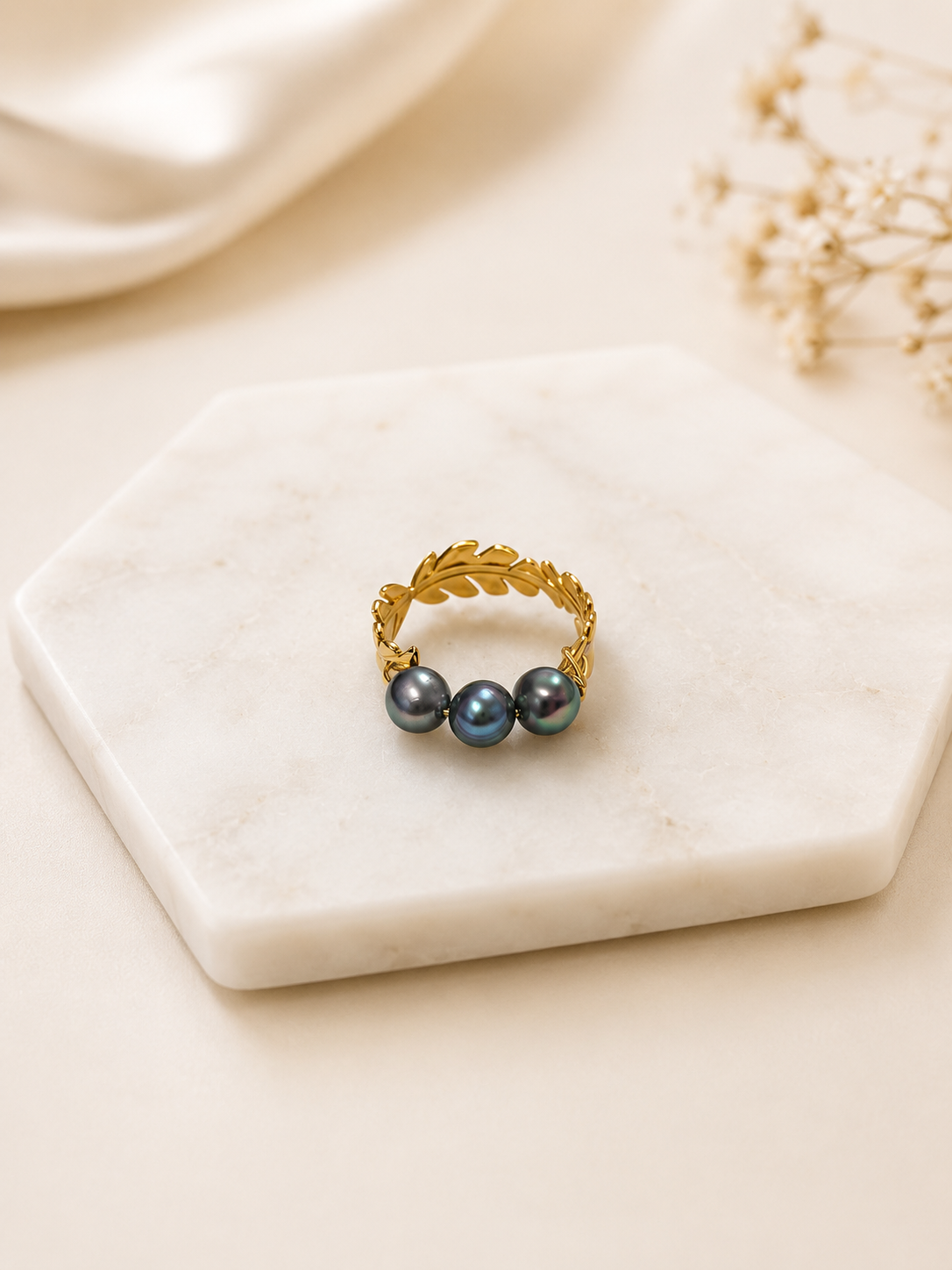 3 Natural Pearl Ring with Floral Band