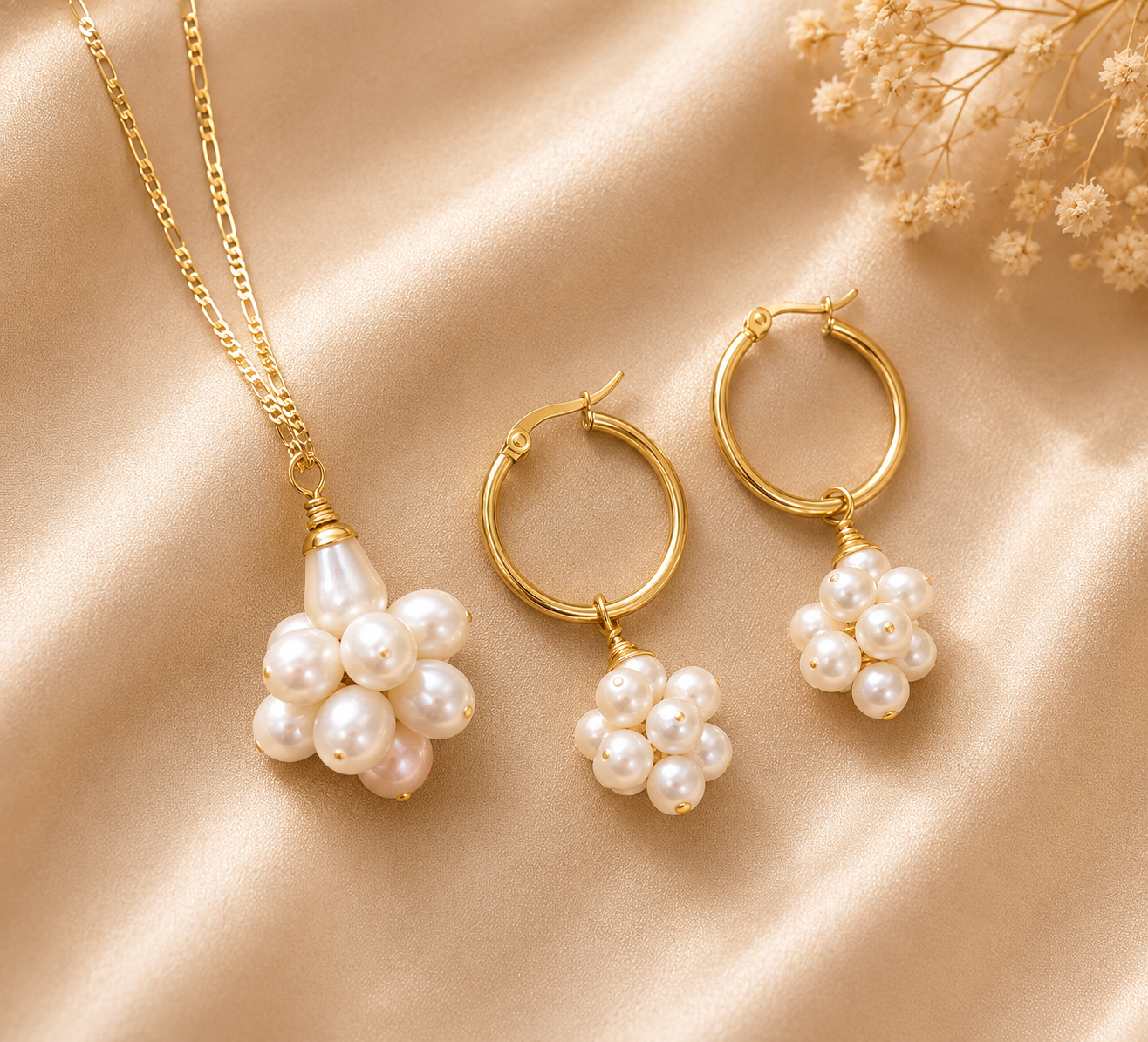Grace - Natural White Clustered Pearl Necklace