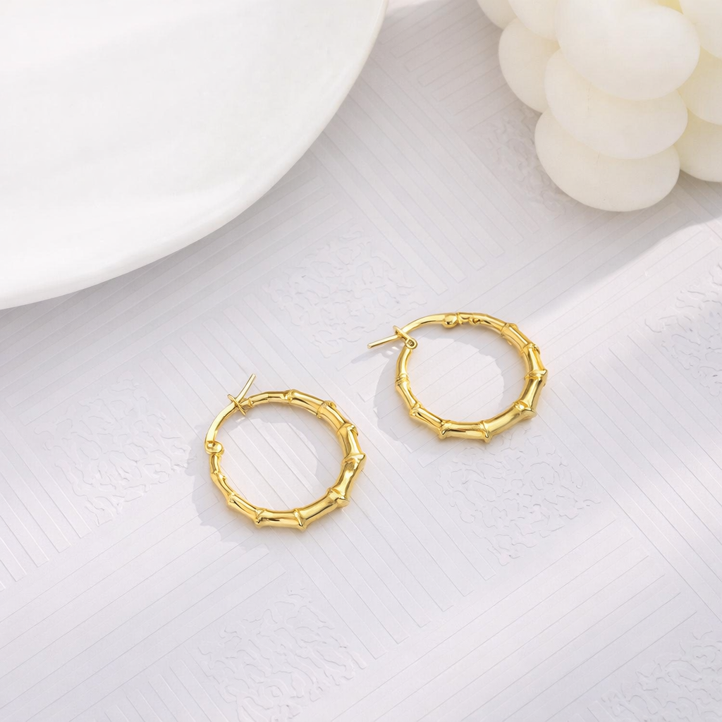 Gold Bamboo Hoop Earrings 18K Gold Plated