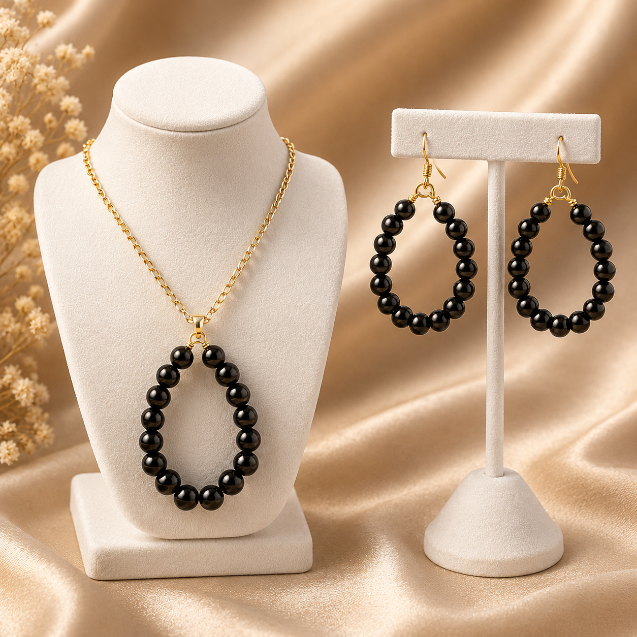 Midnight Luxe Pearl Set – Statement Necklace & Drop Earrings