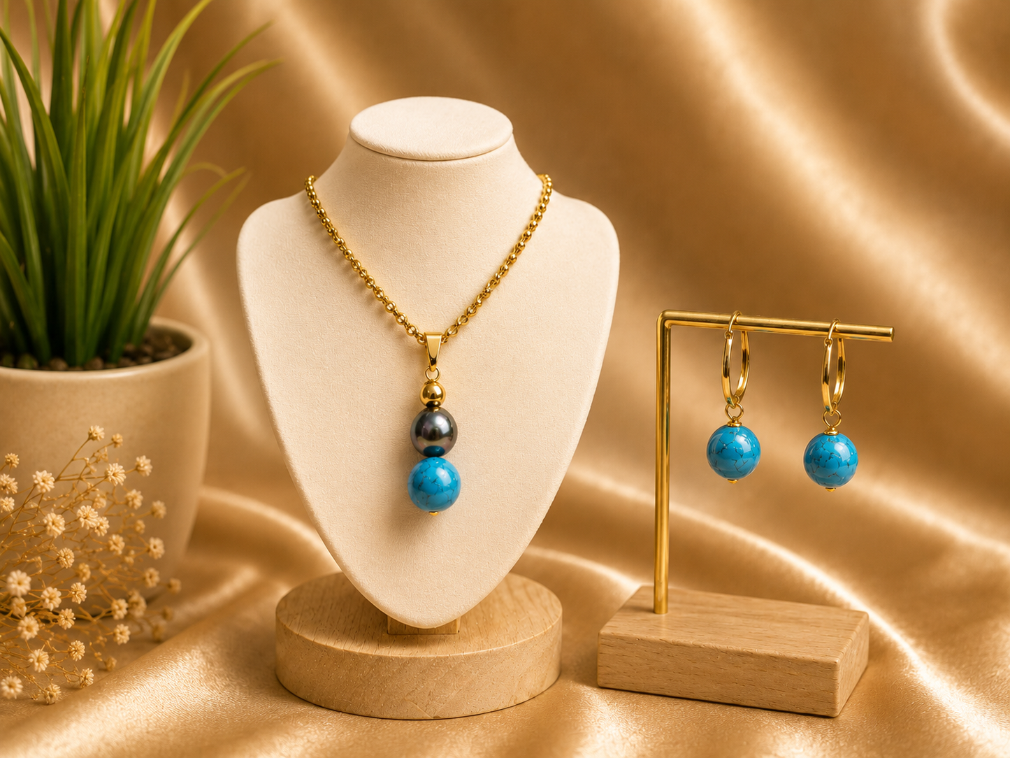 Zoe - Blue Gem Stone with Tahitian Pearl Set