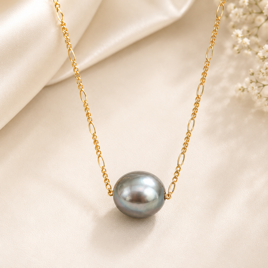 Single Silver Natural and Premium Silver Grey Floating Pearl Necklace, 13mm