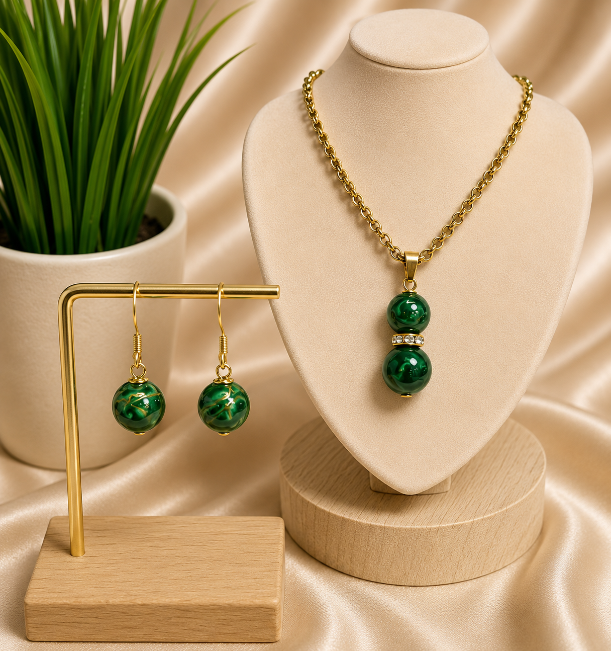 Liora - Duo Green Marble Gem Stone Pearl Set