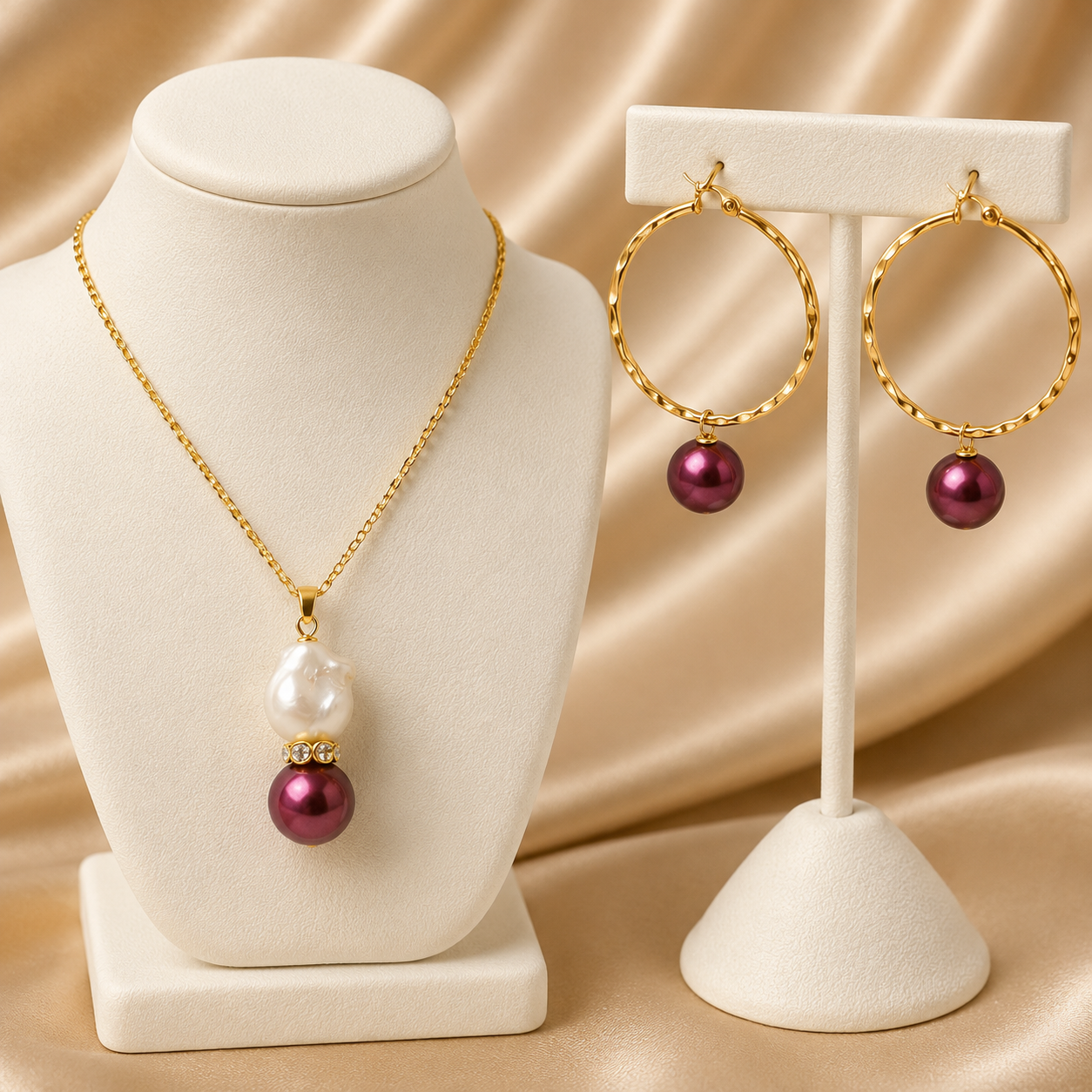 Two-Tone Pearl Drop Set – Gold Hoop Earrings & Pendant Necklace