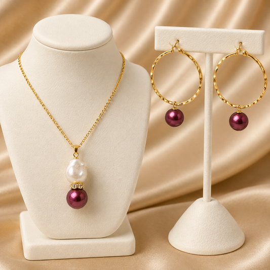Two-Tone Pearl Drop Set – Gold Hoop Earrings & Pendant Necklace