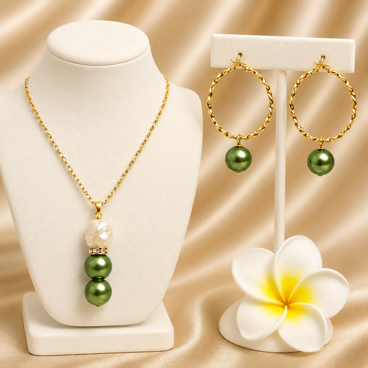 Emerald Island Pearl Set – Gold Hoop Earrings & Pendant Necklace