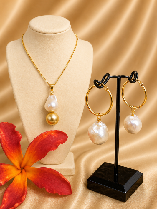 AELYN - Natural Baroque & Golden Premium Swarovski Pearl Set With 14K GF