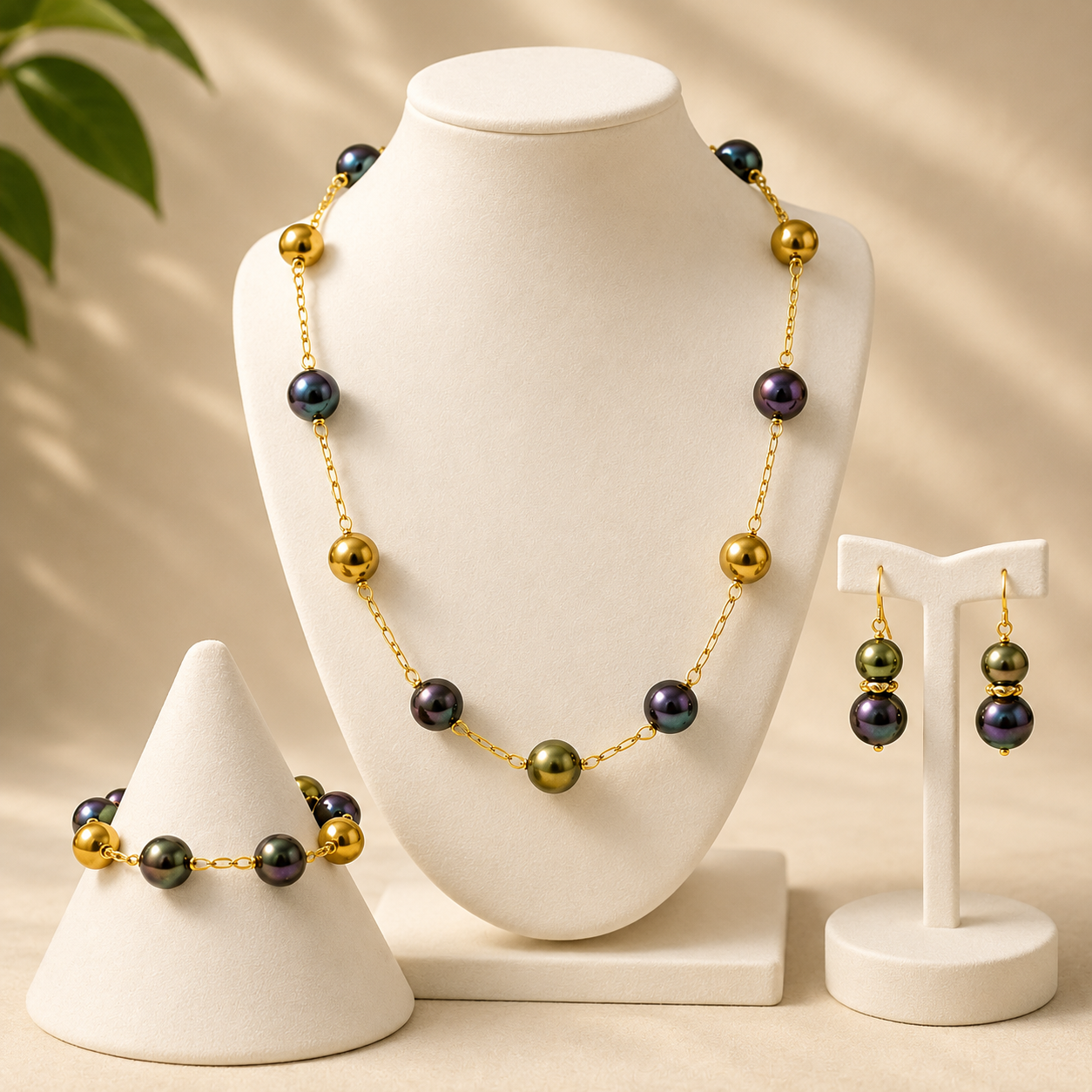 Peacock Green & Gold Pearl Set – Bold Elegance with Island Grace