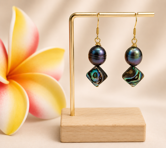 Tahitian Black Pearl with Paua Shell Hook Earrings