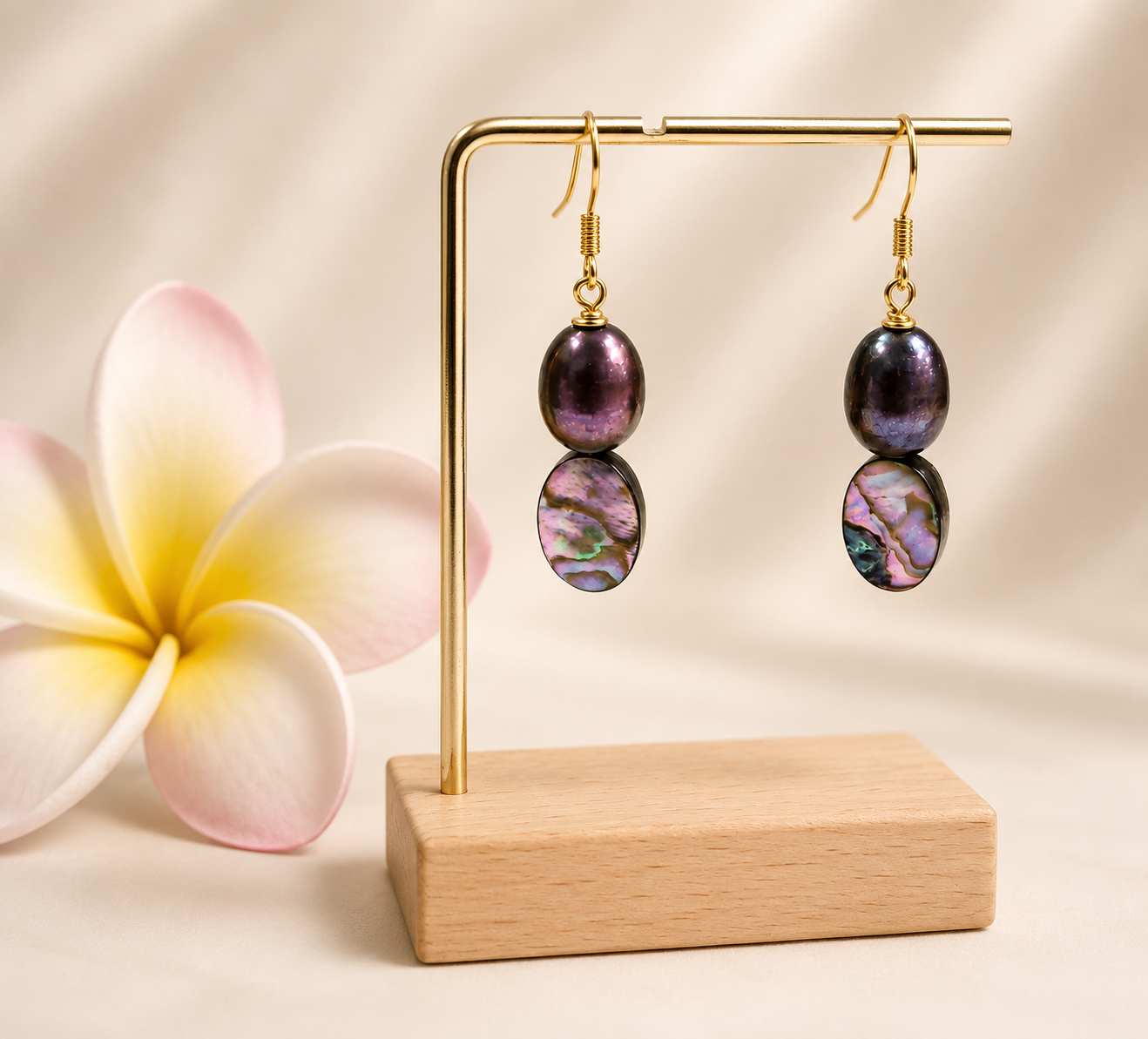 Tahitian Black Pearl with Oval Paua Shell Hook Earrings