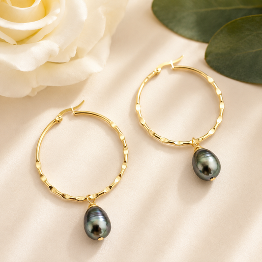 HINA Big Hoops - Black Tahitian Pearl Earrings