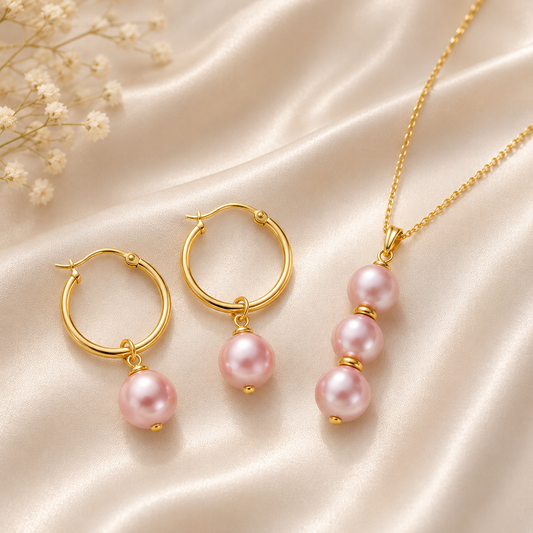 Pink Pearl Trio Necklace & Hoop Earrings Set
