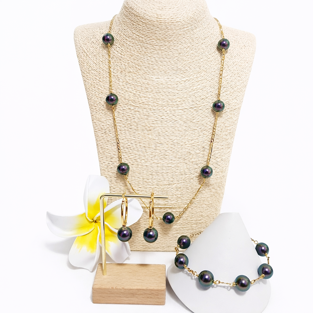 Iridescent Purple Multiple pearl necklace - 12mm Swarovski Pearl Full Set With 14K GF