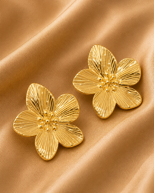 Waterproof Gold Plumeria Flower Stud Earrings