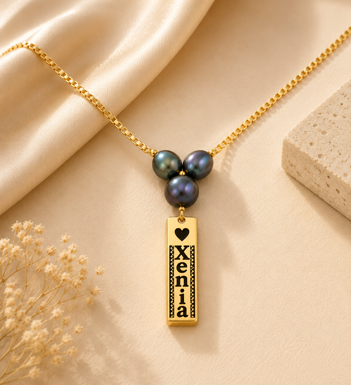 Custom Personalised Necklace with 3 Natural Black Pearls