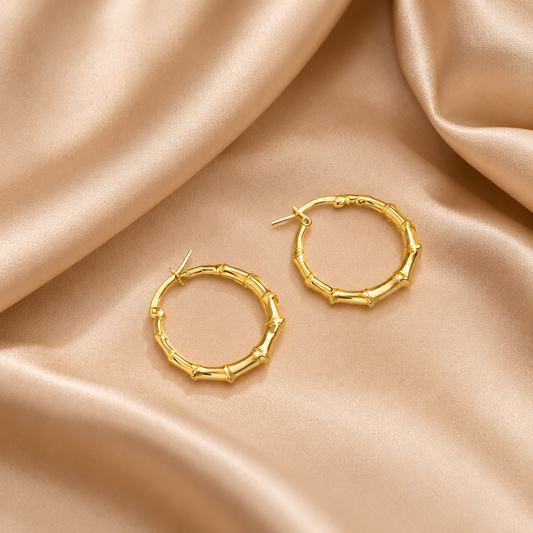 Gold Bamboo Hoop Earrings 18K Gold Plated