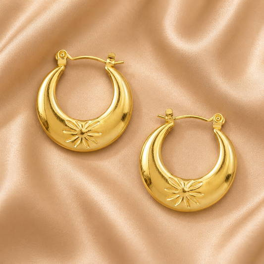 Waterproof Gold Sunburst Crescent Hoop Earrings 18k Gold Plated