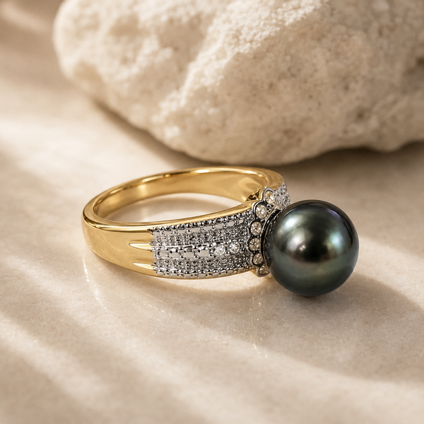 MARIDA - Authentic Tahitian Green Pearl with Zirconia Ring Band