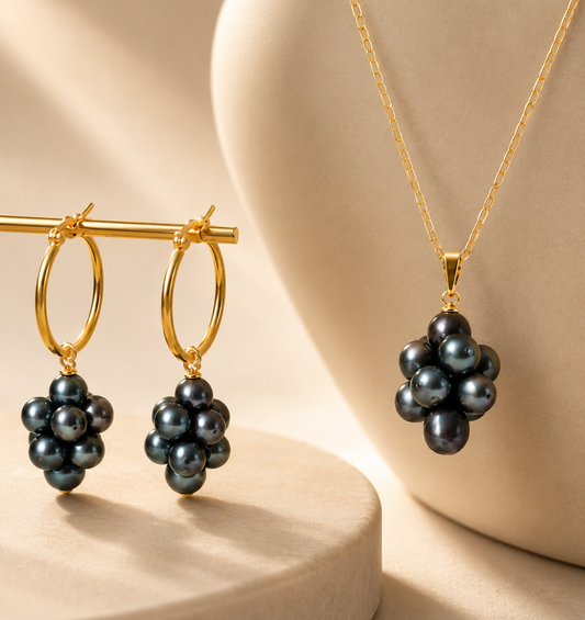 “The Gabrielle Luxe Set – Natural Lustrous Black Pearls”