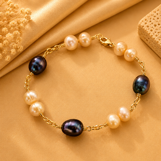 Majla Bracelet - 12mm Black Natural and Duo white freshwater pearls bracelet