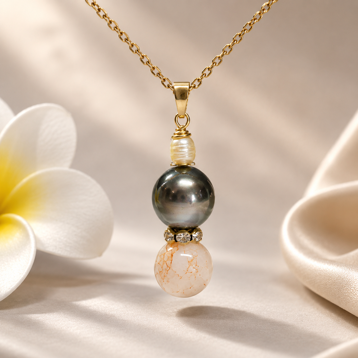 Tahitian Pearl Necklace Blend with Gemstone - 14K GF