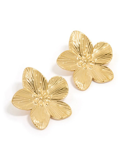 Waterproof Gold Plumeria Flower Stud Earrings