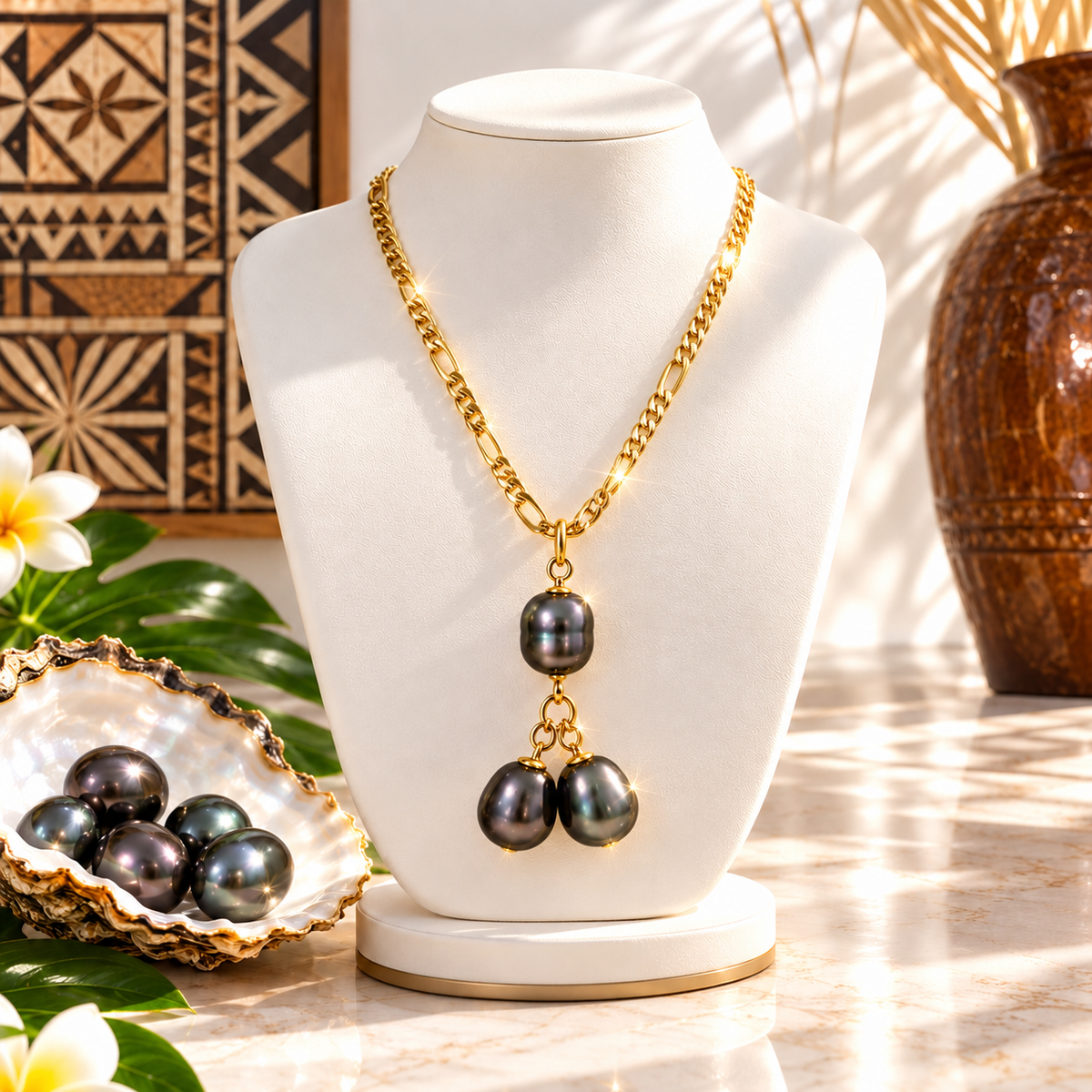 Black Pearl Trio Pendant Necklace – Gold Figaro Chain