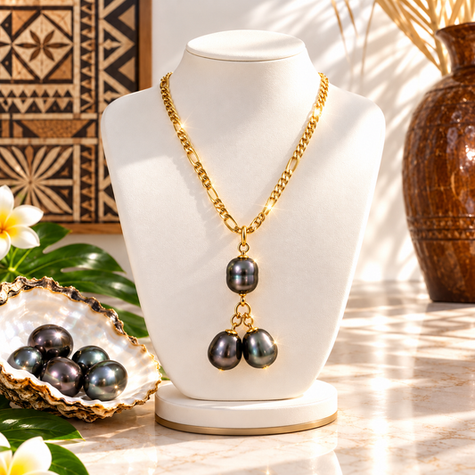 Black Pearl Trio Pendant Necklace – Gold Figaro Chain