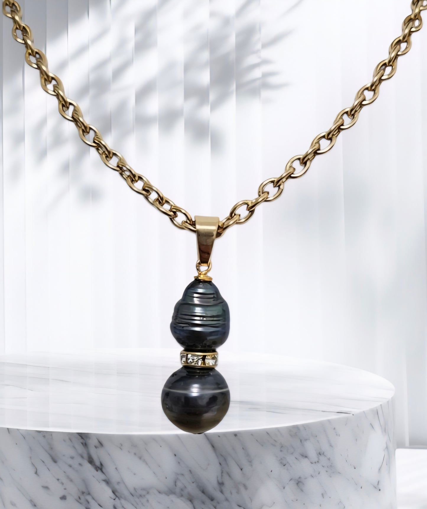 DIANA -  12 -13mm Authentic Duo Tahitian Pearls Pendant with CZ Spacers + Non tarnish and waterproof belcher chain