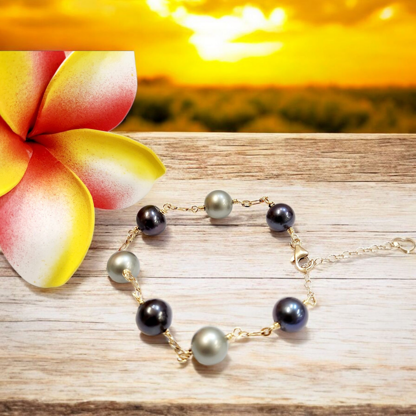 Green Swarovski and Black Tahitian Bracelet - 12mm Black Tahitian and Purple Swarovski Pearls