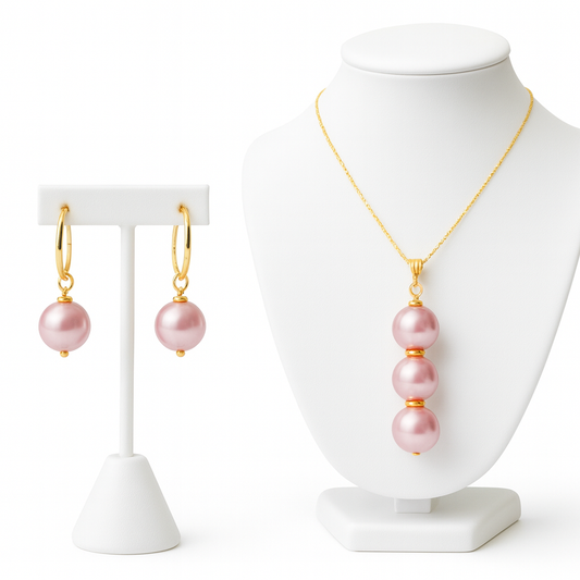 Pink Pearl Trio Necklace & Hoop Earrings Set