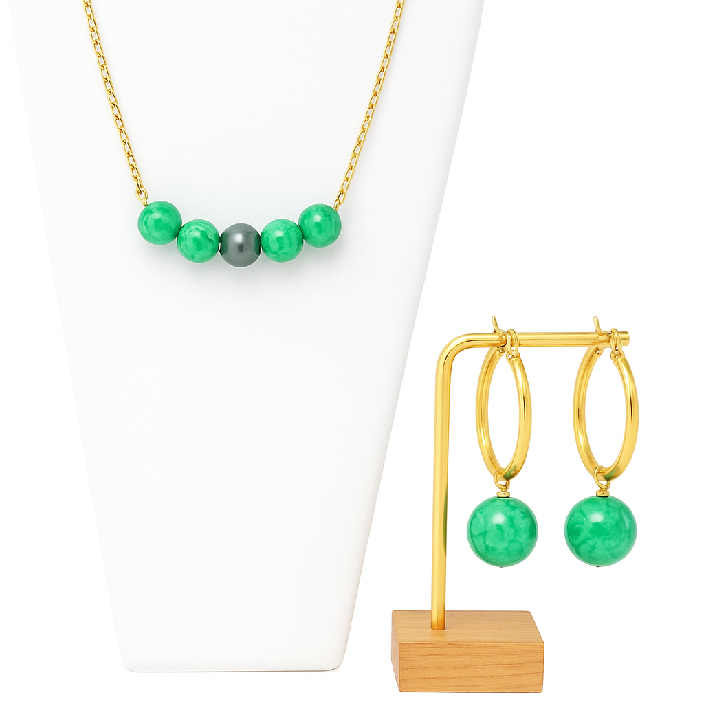 Premium Green Gemstone with Black Swarovski Pendant Set – Solid 14K Gold-Filled