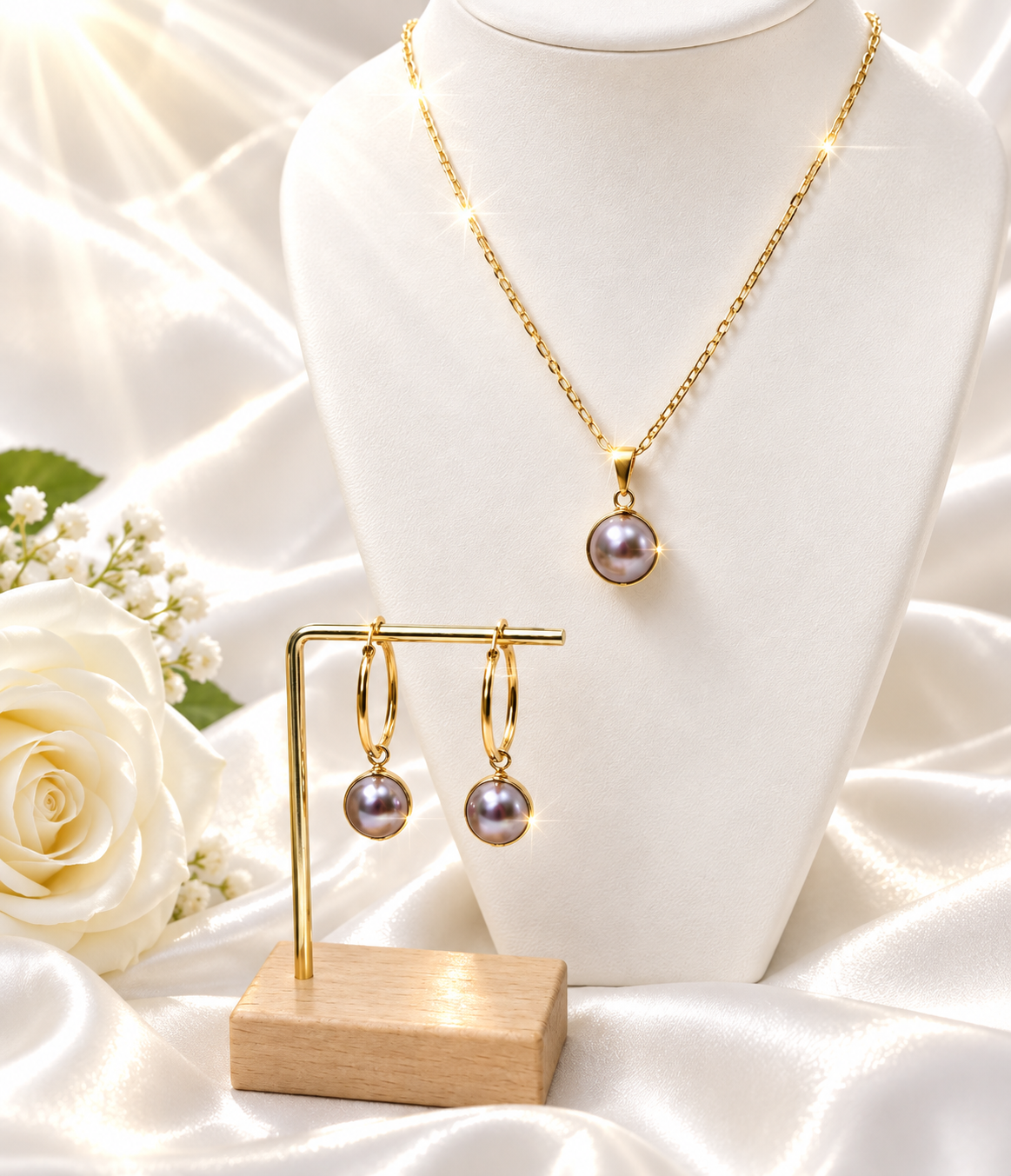 Waterproof Single Caged - Light Purple Swarovski Pearls Set