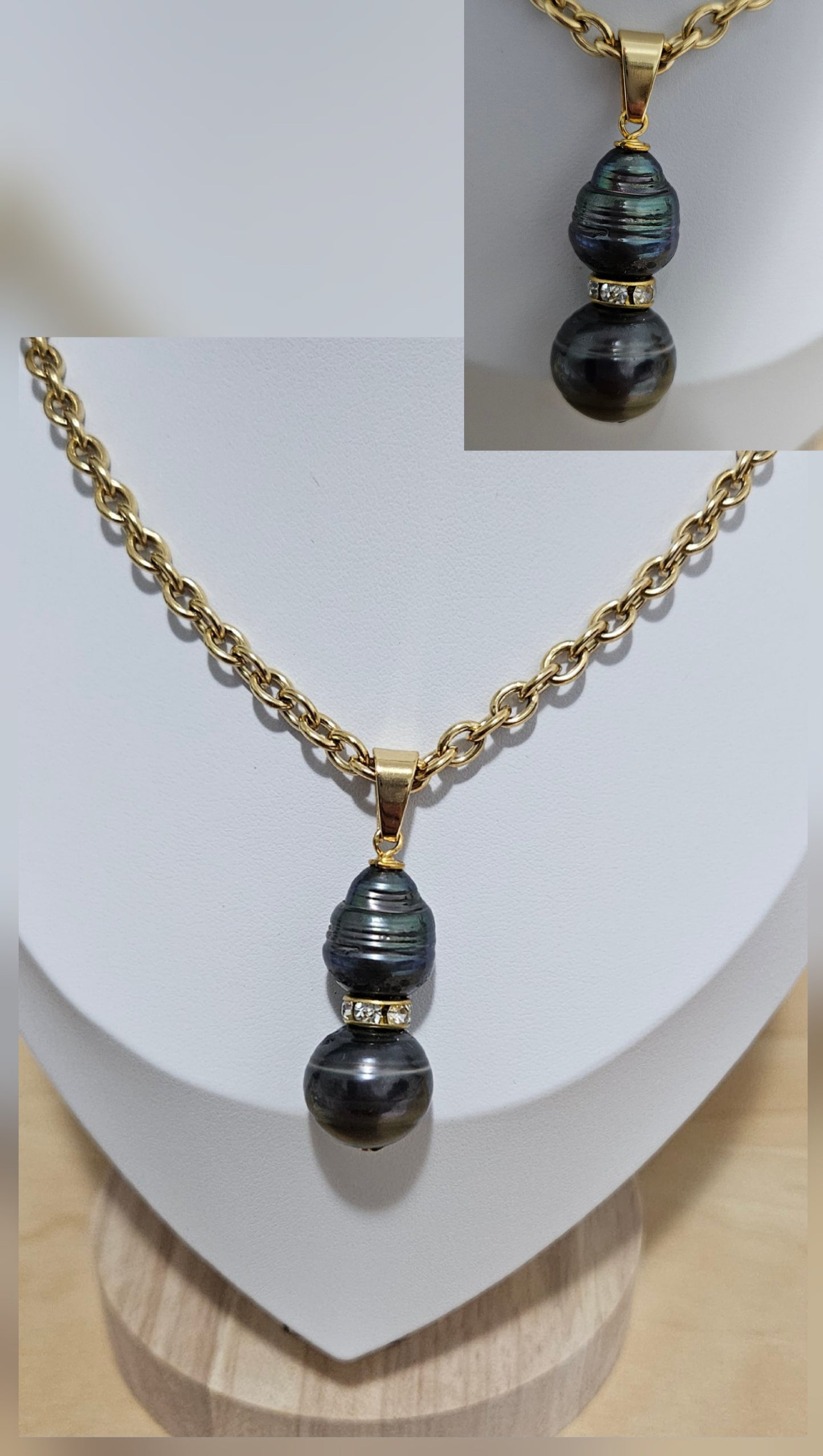 DIANA -  12 -13mm Authentic Duo Tahitian Pearls Pendant with CZ Spacers + Non tarnish and waterproof belcher chain