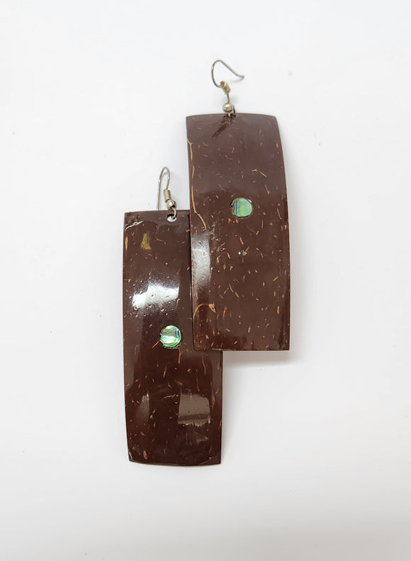 BROWN RECTANGLE CARVED COCONUT DESIGN STATEMENT EARRINGS