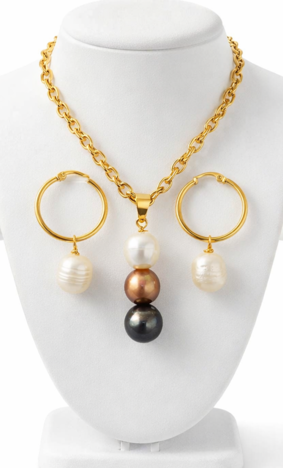Alohi: 12 -13mm Tahitian Pearl (Black) set blending with Freshwater (White) & Swarovski (Gold/Brown) + Waterproof belcher chain