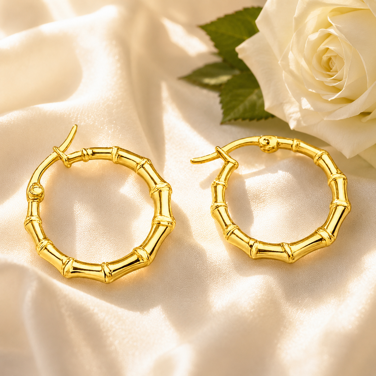 Gold Bamboo Hoop Earrings 18K Gold Plated