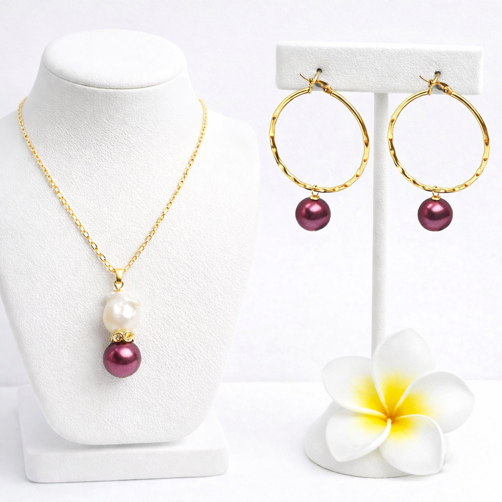 Two-Tone Pearl Drop Set – Gold Hoop Earrings & Pendant Necklace
