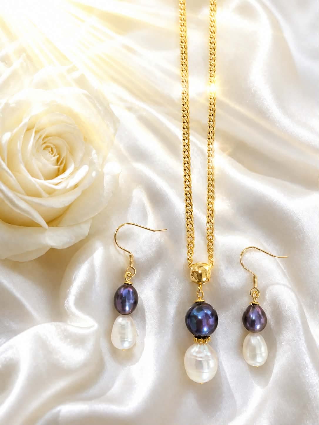 Two-Tone Freshwater Pearl Necklace & Earrings Set